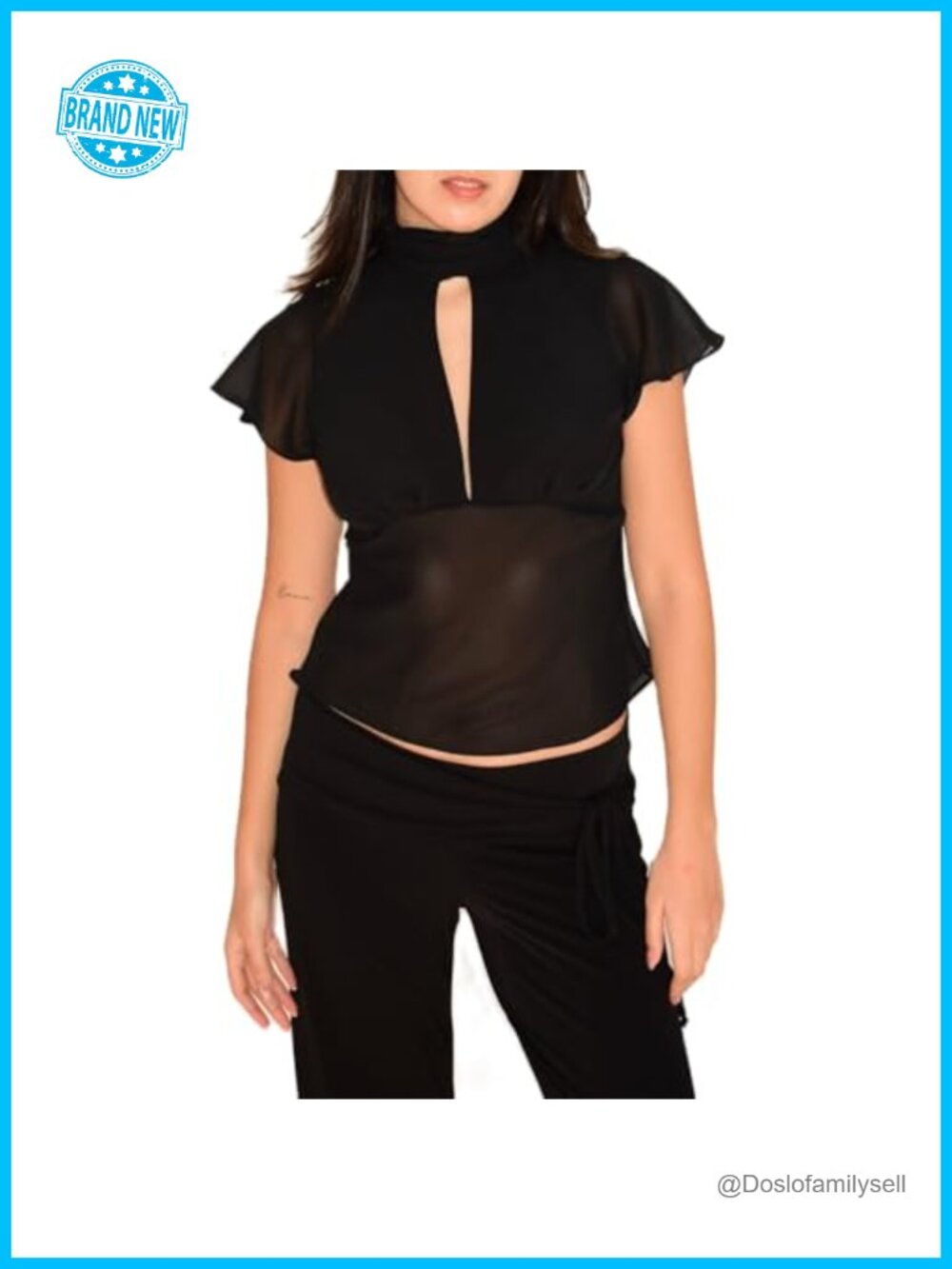Women Sheer Mesh Crop Top Cap Sleeve V Neck Chiffon Blouse